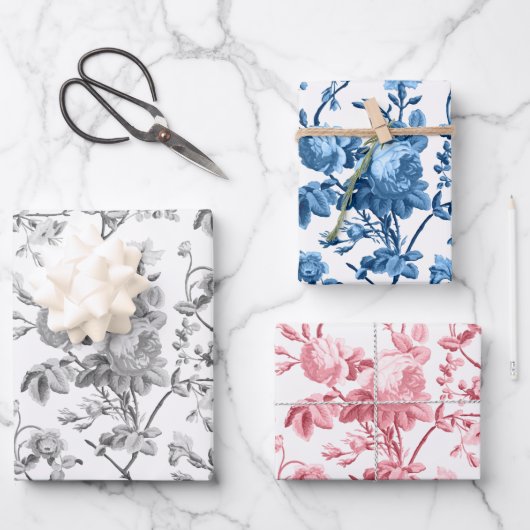 パステルエレガントピンク、グレー、ブルーバラ ラッピングペーパーシート (正面)