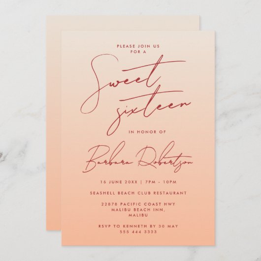 パステルエレガントピーチグラデーションスクリプトSweet sixteen 招待状 (正面/裏面)