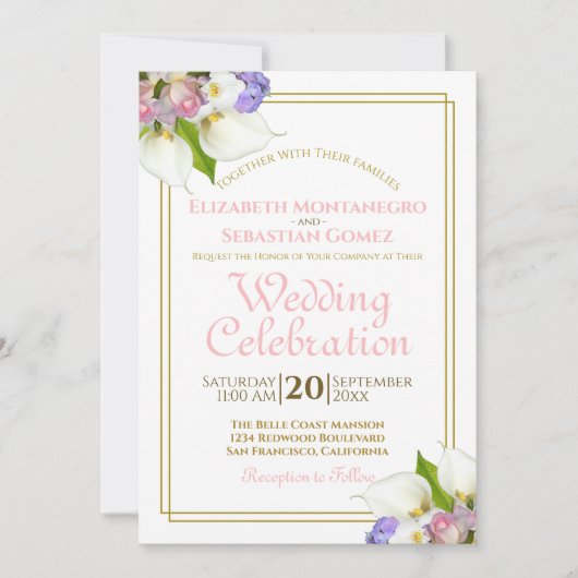 パステルエレガントフラワーズ金ゴールドとピンク結婚ズ 招待状 (正面)