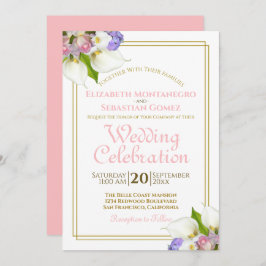 パステルエレガントフラワーズ金ゴールドとピンク結婚ズ 招待状