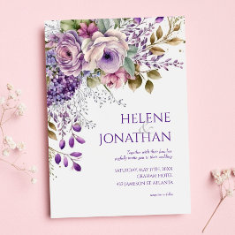 パステルエレガントフローラウォーターカラーパープル結婚ズ 招待状