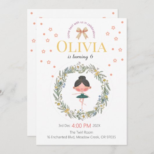パステルエレガントフローラバレエ誕生日デザイン 招待状 (正面/裏面)