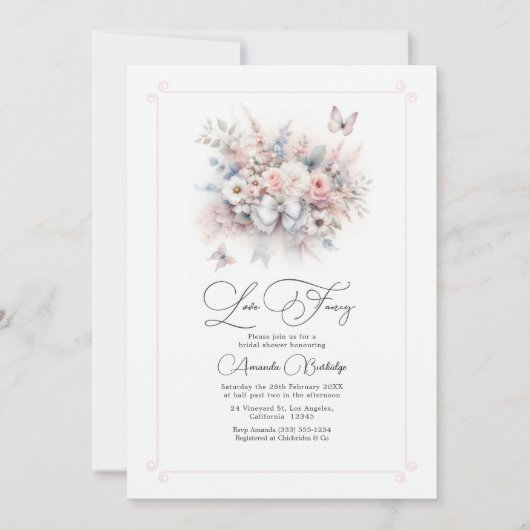 パステルエレガントフローラボウラブファンシーブライダルシャワー 招待状 (正面)