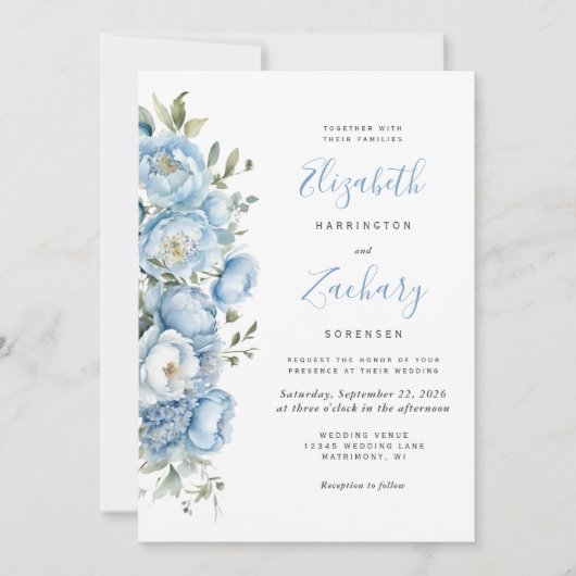 パステルエレガントブルーウォーターカラーフローラ結婚ズ 招待状 (正面)