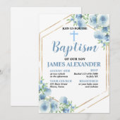 パステルエレガントブルーフローラバプテスマ招待状 招待状 (正面/裏面)