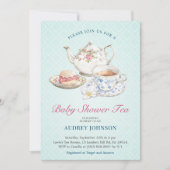 パステルエレガントブルーベビーシャワーティーフローラポット 招待状 (正面)