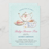 パステルエレガントブルーベビーシャワーティーフローラポット 招待状 (正面/裏面)