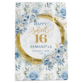 パステルエレガントブルーSweet sixteen金ゴールドグリッターバッグ ミディアムペーパーバッグ (正面)