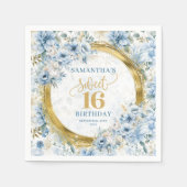 パステルエレガントブルーSweet sixteen金ゴールドグリッター スタンダードカクテルナプキン (正面)