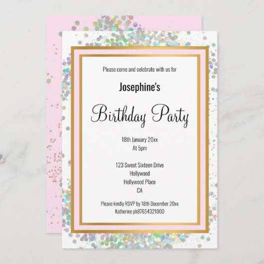パステルエレガントホログラフィックピンク金ゴールド誕生日 招待状 (正面/裏面)