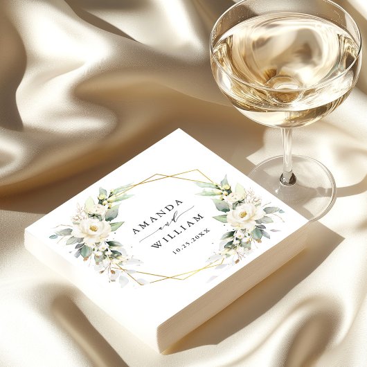 パステルエレガントホワイトローズユーカリプタス結婚ズ スタンダードカクテルナプキン