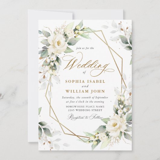 パステルエレガントホワイトローズユーカリプタス結婚ズ 招待状 (正面)