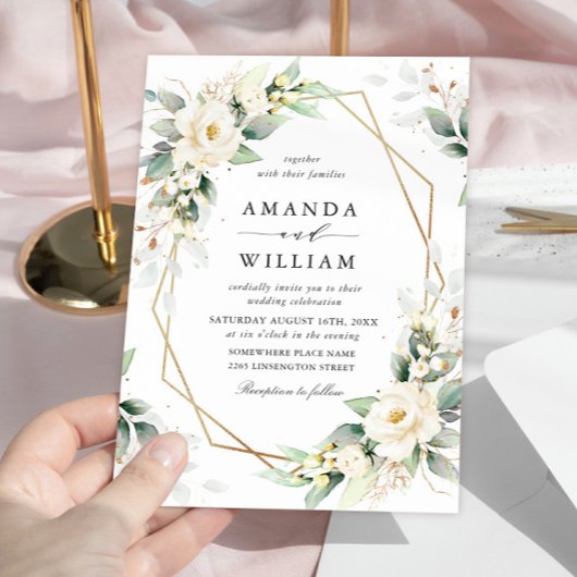 パステルエレガントホワイトローズユーカリプタス結婚ズ 招待状