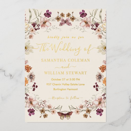 パステルエレガントボホワイルドフラワーモダンズ結婚 箔招待状 (正面)