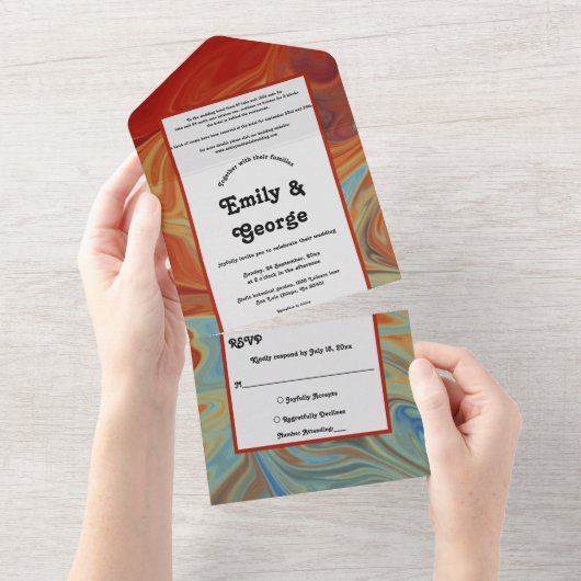 パステルエレガントレッドブルー抽象芸術芸術的ズ結婚ス オールインワン招待状 (貼ってはがせる)
