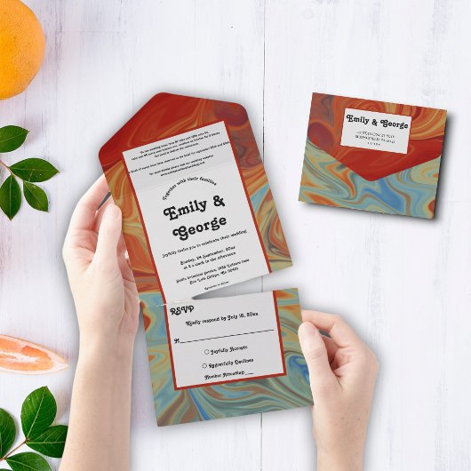 パステルエレガントレッドブルー抽象芸術芸術的ズ結婚ス オールインワン招待状