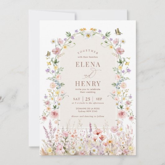 パステルエレガントワイルドフラワーバックヤード庭園の結婚式 招待状 (正面)
