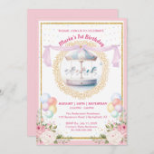 パステルエレガント回転木馬ファースト誕生日招待状 招待状 (正面/裏面)