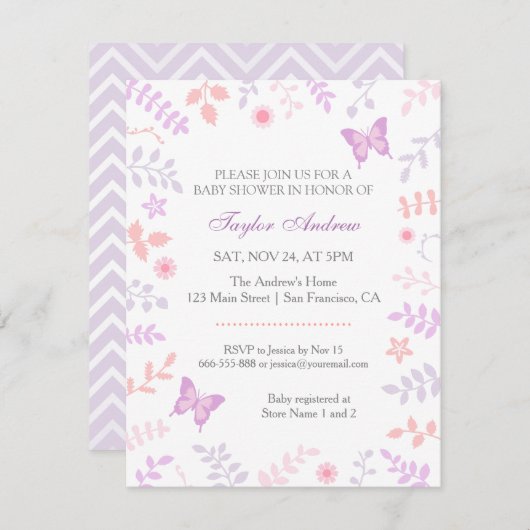 パステルエレガント春フローラバタフライベビーシャワー 招待状 (正面/裏面)