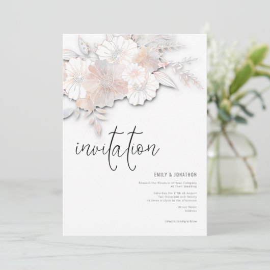 パステルエレガント花模様ピーチ赤面グレイ結婚ズ 招待状 (スタンド正面)
