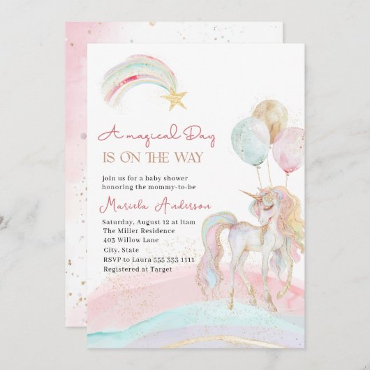 パステルエレガント金ゴールドユニコーンウォーター招待状 招待状 (正面/裏面)