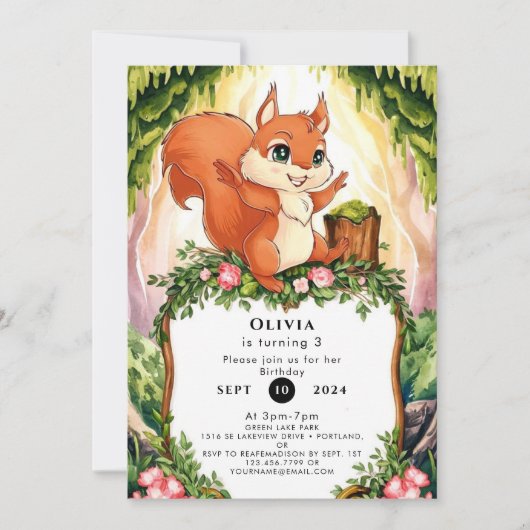 パステルエンchanted Squirrelの誕生日 招待状 (正面)