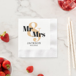 パステルオレンジとブラックのMr. & Mrs. ウェディング 縁ありカクテルナプキン