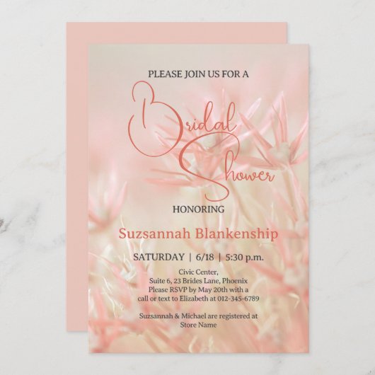 パステルオレンジの花柄背景 ブライダルシャワー 招待状 (正面/裏面)