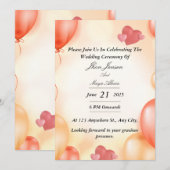 パステルオレンジの風船とハートのウェディング招待状 招待状 (正面/裏面)