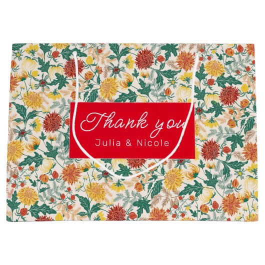 パステルオレンジイエロー春ダリアフラワーズ結婚ーズ ラージペーパーバッグ (正面)