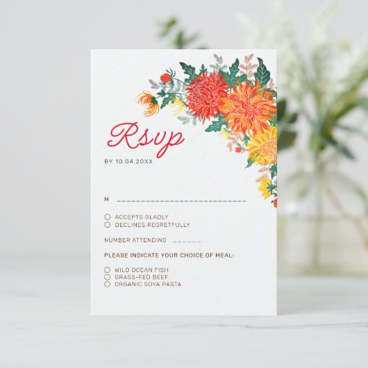 パステルオレンジイエロー春ダリアフラワーズ結婚ーズ 出欠カード (スタンド正面)