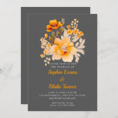 パステルオレンジフローラブーケ秋グレイ結婚ズ 招待状 (正面/裏面)