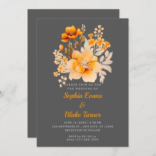 パステルオレンジフローラブーケ秋グレイ結婚ズ 招待状 (正面/裏面)