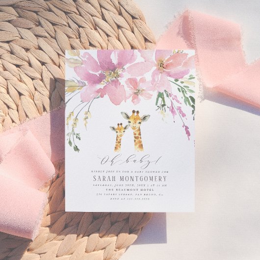 パステルオレンジ&ピンクフローラキリン赤ちゃんシャワー インビテーションポストカード