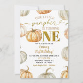 パステルオレンジ&金ゴールドパンプキンファースト誕生日 招待状 (正面)