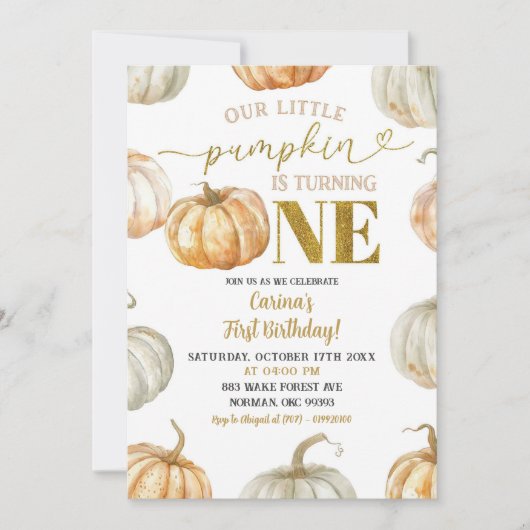 パステルオレンジ&金ゴールドパンプキンファースト誕生日 招待状 (正面)