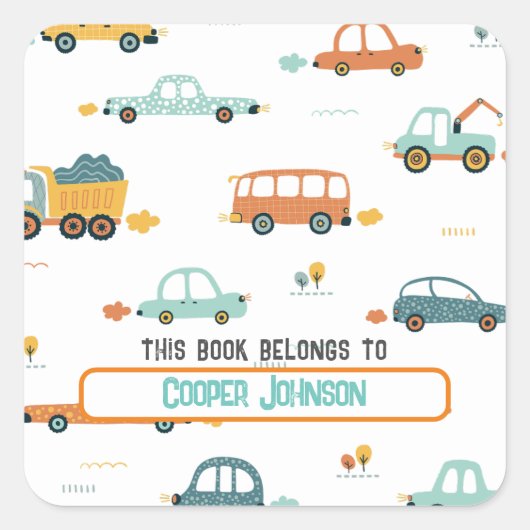 パステルカスタムブルーとオレンジの車名蔵書票 スクエアシール (正面)