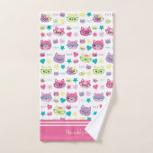 パステルカッコいい猫の眼鏡パターン、ピンク バスタオルセット (ハンドタオル)