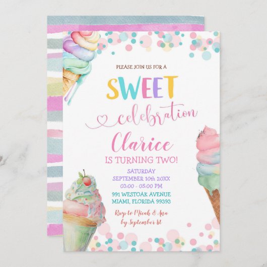 パステルカラフルアイスクリームスウィート誕生日 招待状 (正面/裏面)