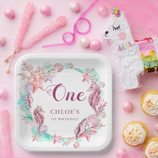 パステルカラフルアンダーザシー誕生日 ペーパープレート (パーティー)