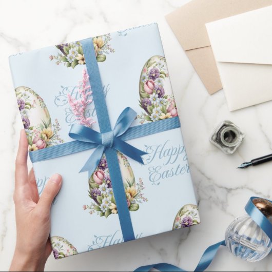 パステルカラフルイースターエッグフローラルパターンブルー ラッピングペーパー