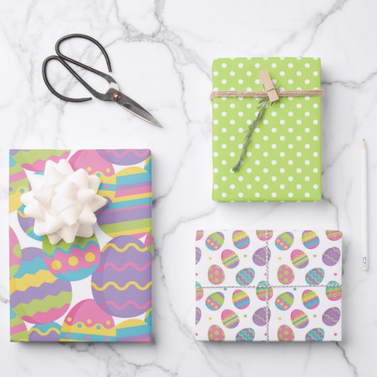 パステルカラフルイースターエッグ&グリーンポークドット ラッピングペーパーシート (正面)