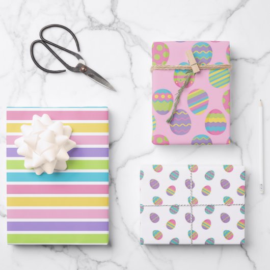 パステルカラフルイースターエッグ&ストライプ ラッピングペーパーシート (正面)