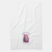 パステルカラフルイースターバニー&ウォーターカラー花模様 キッチンタオル (縦)