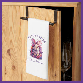 パステルカラフルイースターバニー&ウォーターカラー花模様 キッチンタオル