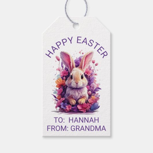 パステルカラフルイースターバニー&ウォーターカラー花模様 ギフトタグ (正面)