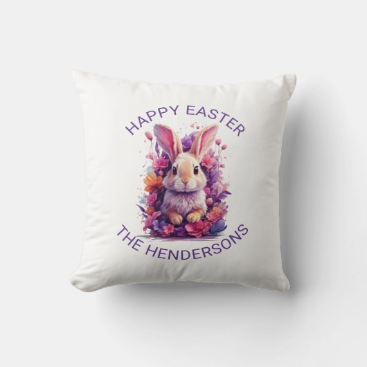 パステルカラフルイースターバニー&ウォーターカラー花模様 クッション (正面)