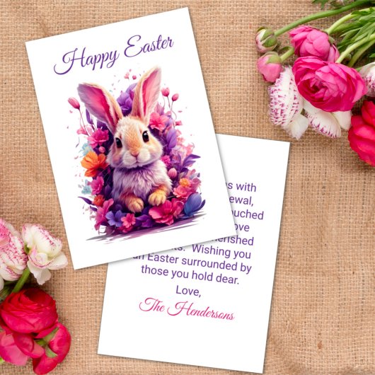 パステルカラフルイースターバニー&ウォーターカラー花模様 シーズンカード