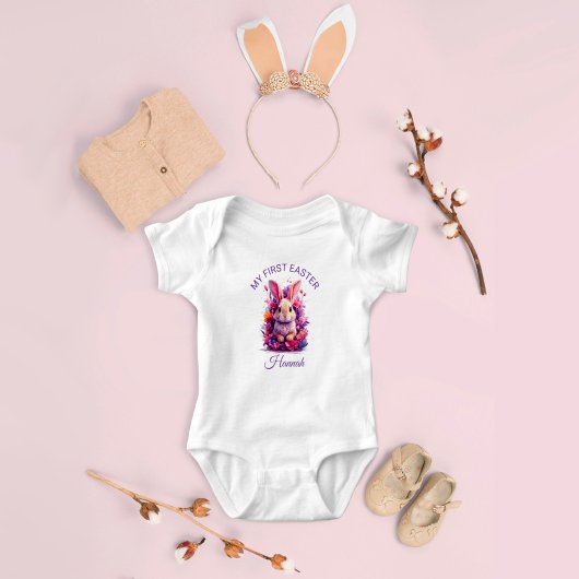 パステルカラフルイースターバニー&ウォーターカラー花模様 ベビーボディスーツ