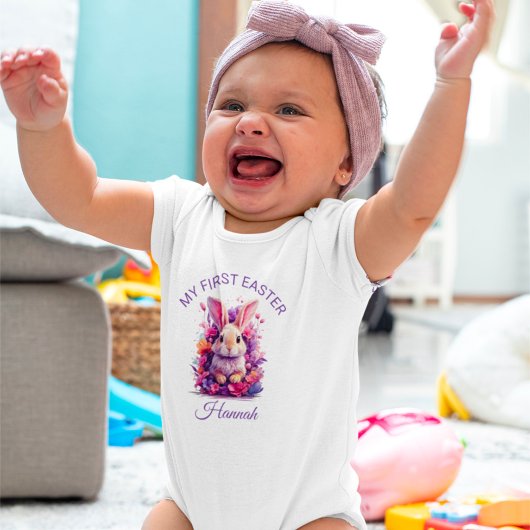 パステルカラフルイースターバニー&ウォーターカラー花模様 ベビーボディスーツ